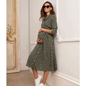 Seraphine Olive Green Polka Dot Maternity Midi Dress NWT